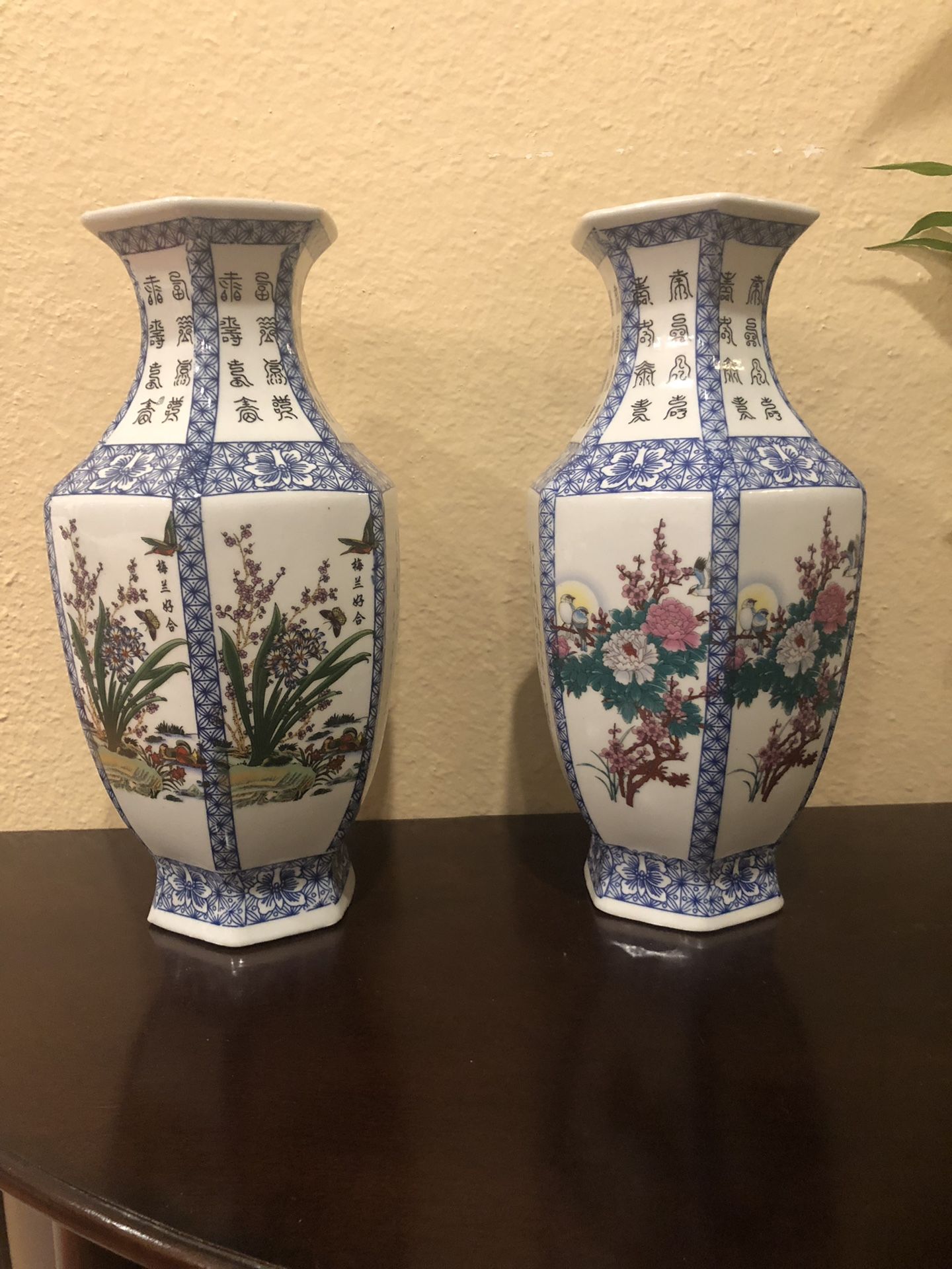 A pair of Chinese Hexagon 6-Sided vases with floral and poem