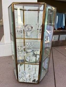 Vintage Swarovski Crystal Animals in Brass Framed Curio Cabinet