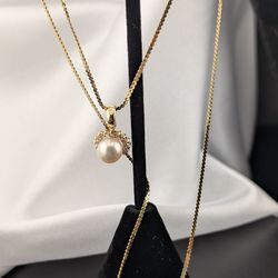 ✨💎14K Yellow Gold 💛 Diamond Halo Pearl Pendant Necklace 3.75g.|16"|💎 Natural Diamond& Pearl ✨💛