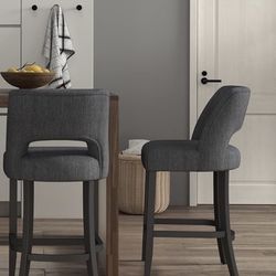 VKNOW Two Bar Stools, Counter Height Upholstered, Modern Counter Stools with Black Legs for Kitchen Island Dining Room Bar, Dark Gray-Black Legs