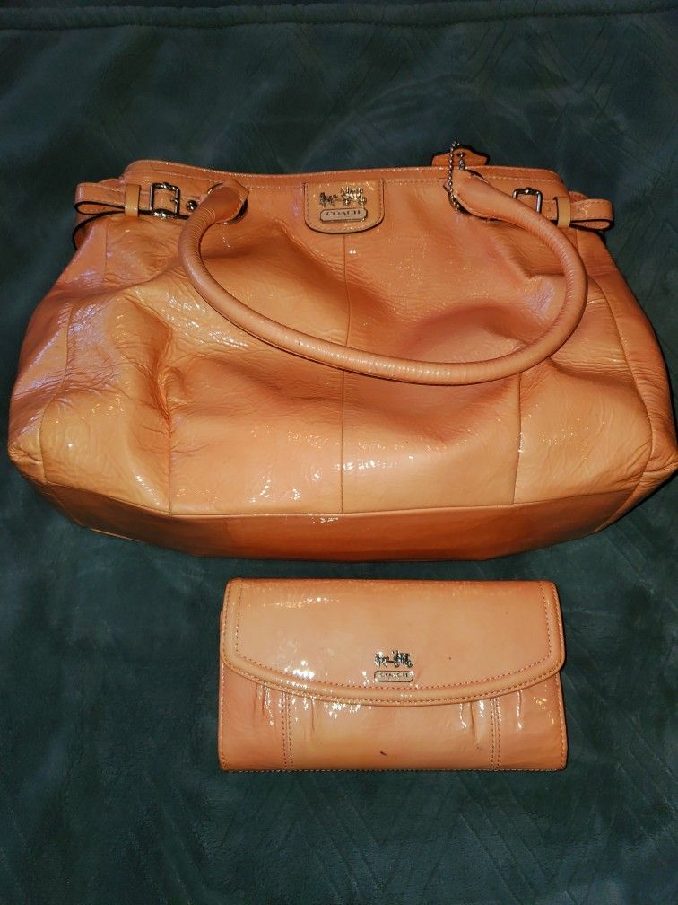 Salmon Colored Coach Purse And Wallet 