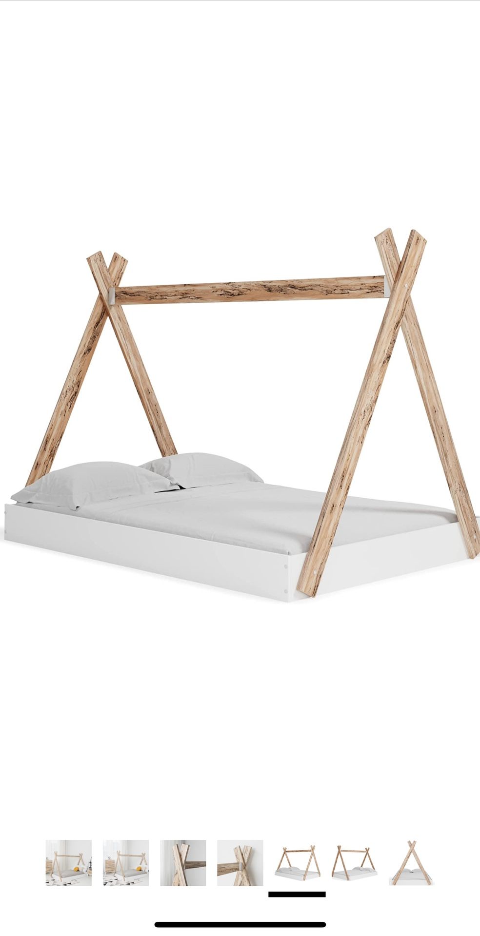  Tent Bed Frame, Full, Natural Wood & White