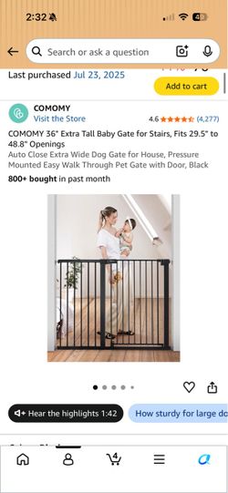 COMOMY 36" Extra Tall Baby Gate for Stairs, Fits 29.5" to 48.8" Openings