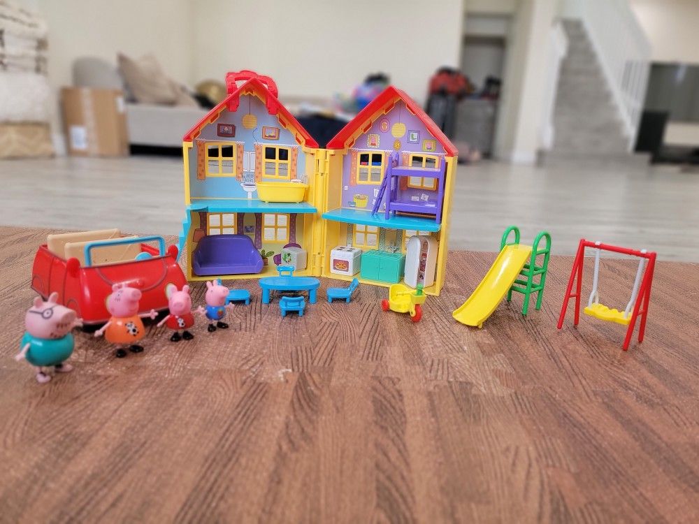 Peppa Pig House, Car And Playground Set With Peppa Family