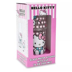 Sanrio Hello Kitty Pink Dots 18-Ounce Glass Pitcher and 8-Ounce Cup NEW IN BOX $25