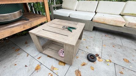 RH square weathered wood outdoor side table