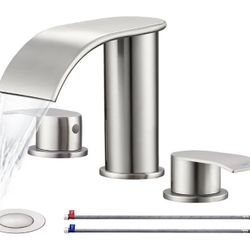 8 inch Bathroom Faucet Brushed Nickel, Waterfall Bathroom Faucet with Metal Pop-up Sink Drain Stopper and 2 Supply Hoses,2 Handle Widespread Faucets f