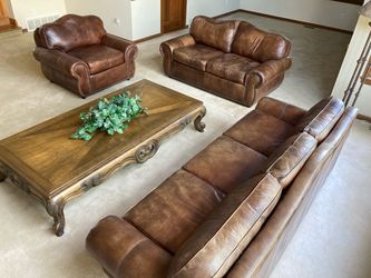 Brown Leather Sofa, Loveseat, and Chair Set