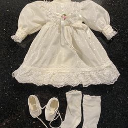 Vintage 80s Swing Doll Dress Ivory Polka Dots with Socks & Shoes 9”L