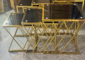 Gold Metal Nesting Side Tables with Smoked Glass