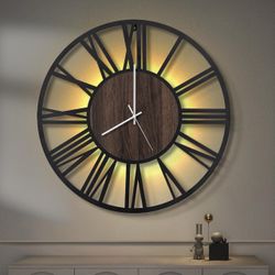20-Inch Modern Metal and Wood Wall Clock with Sound-Activated LED Backlight