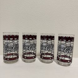 Set of 4 Coca-Cola Glasses Vintage Style Stained Glass Red Black Graphic