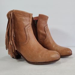 Sam Edelman Tan Leather Louie Fringe Heeled Ankle Boots Women's Size 6.5