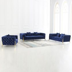 Sofa And Loveseat Blue Velvet Fabric, Metal Legs Gold Finish. New Especial Price