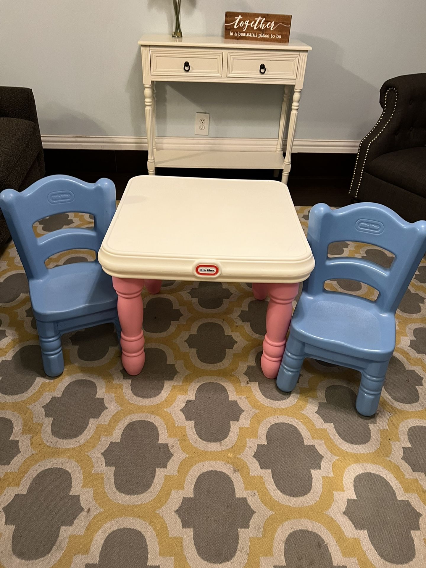 Vintage Little TIKES VICTORIAN TENDER HEART PINK Table & 2 Blue Chairs CHILD SIZE