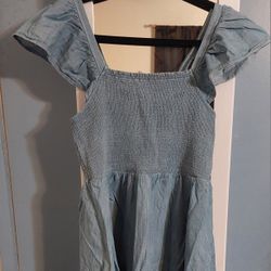 Cotton Denim Dress w/ Ruffle Sleeves