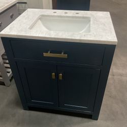 30” Blue Solid Wood Bathroom Vanity With Marble Top (V1268)