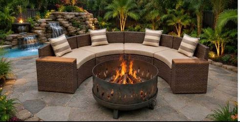 new  patio set with  fire pit