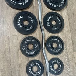 Beautiful  Equipment: Curl Bar W/Cooper Bearings & Pair of Weight Plates 25s, 10s, 5s And 2.5 Pounds. (Total: 105 lbs) 