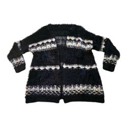 Sioni Open Front Cardigan Sz L Fluffy Striped Super Soft Fringe Fair Isle Style