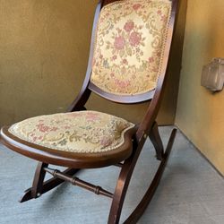 Antique Victorian Mahogany Carved Folding Rocker Floral Seat Campaign Chair