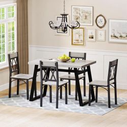 Dining Room Table Set for 4, 5-Piece Farmhouse Kitchen Table and Chairs Set, Thickened Metal Frame with Wood Top Ideal for Dining Room, Dinette, Small