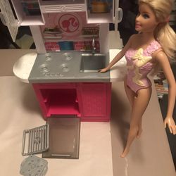 4 Piece “Barbie” Plastic doll furniture. 1-Bed w/nightstand & lamp; 1-Bathroom Sink w/mirror; 1-Corner Shower w/cloth shower curtain; 1-Kitchen w/sin