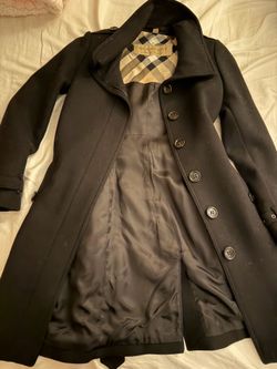Women’s Burberry Black Wool Blend Pea Coat with Signature Check Lining