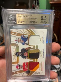 2024 Panini Flawless Triple Patches football card featuring Patrick Mahomes II, Lamar Jackson, and Josh Allen, numbered 15/25.