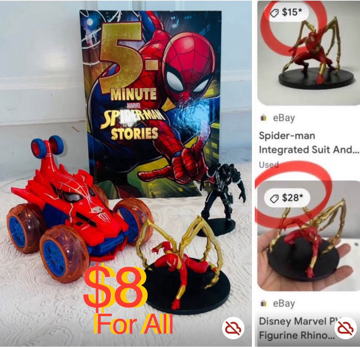 $8 Bundle of Spider-Man 🕷️Large Hard cover Book & figurines Characters,Car,like new