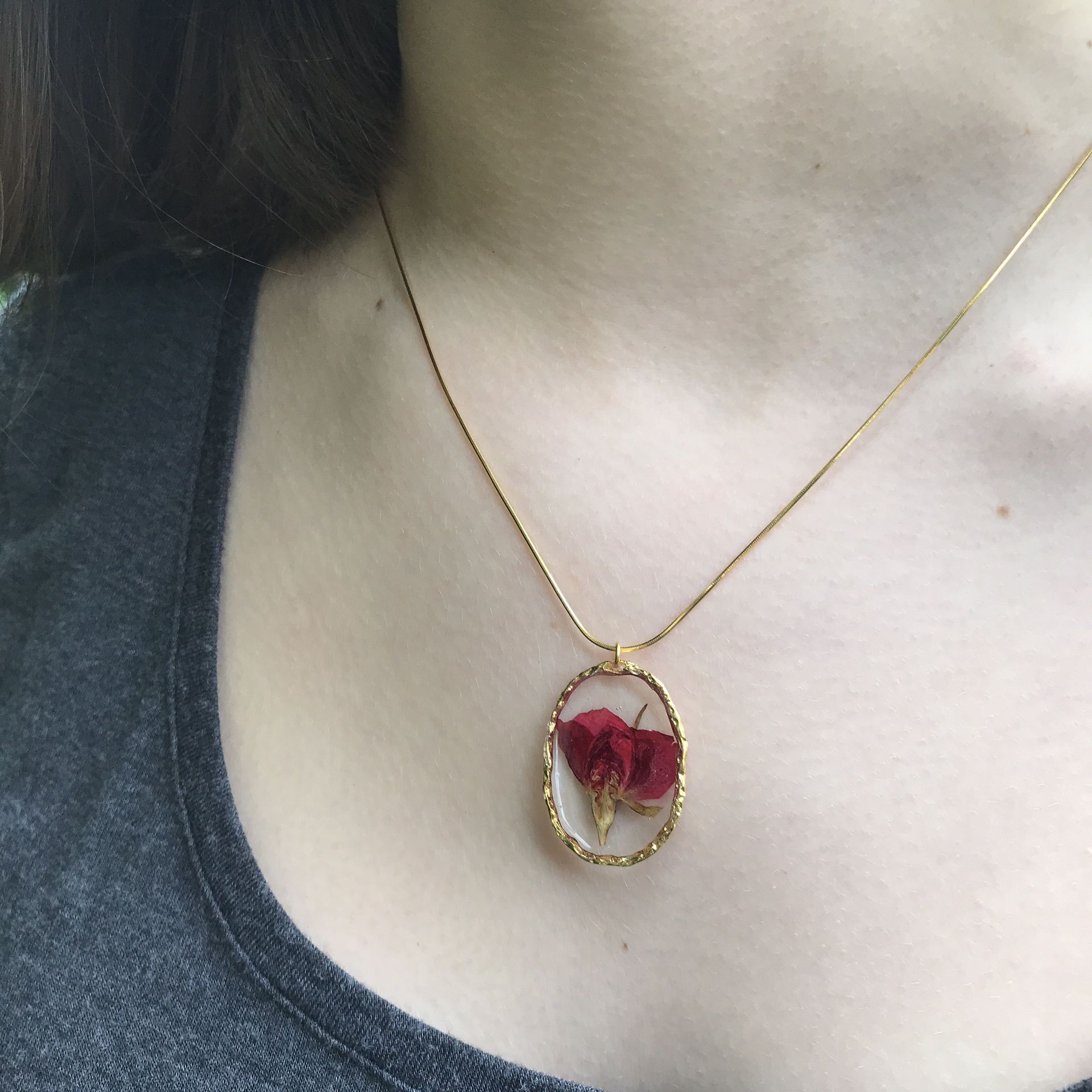 Handmade Dried Rose Gold Tone Wire Wrapped Pendant Necklace Dried Flower