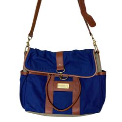 Fabric and Leather Messenger Bag Briefcase Laptop Bag, Blue Brown, Removable Strap