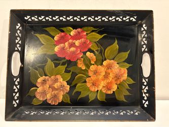 Vintage Hand-Painted Metal Toleware Serving Vanity Tray with Floral Design.