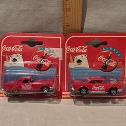 VTG 1997 "Coca-Cola" Lot Of 2 Majorette Die-cast Cars 1957 Chevy Belair & 1967 Ford T-Bird 1/64