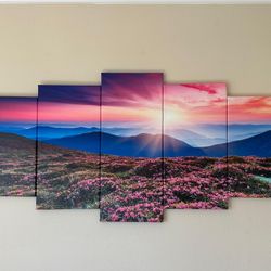 5-Panel Canvas Wall Art – Mountain Sunset Landscape