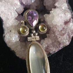 Silver Hinge Pendant With Amatyst, Citrine Amd Quartz 