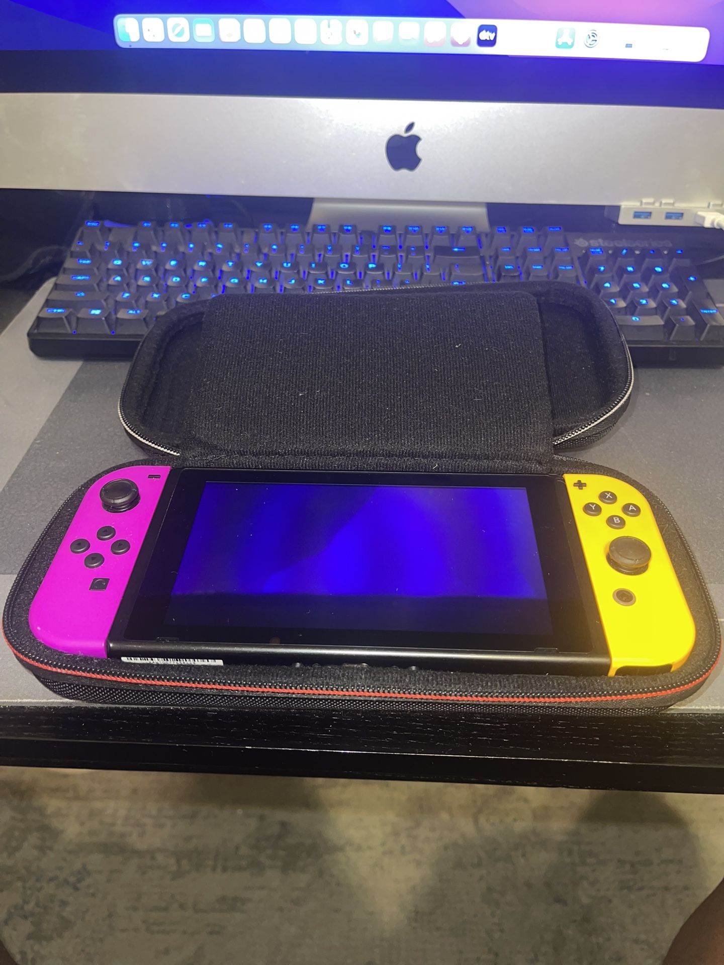 Nintendo Switch Console w/ Neon Joy-Cons + Case + Super Smash Bros. Ultimate – Works Great!