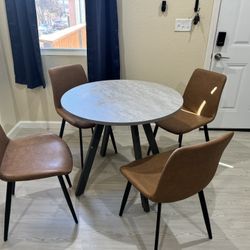 Round Dining Table Set, Mid Century Modern Small Round Dining Table Set, Saving Space (Table + 4 Brown Chairs)