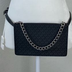  Michael Kors MK Logo Fanny Pack Belt Bag w Chain Pull M 554131 GRAY & BLACK