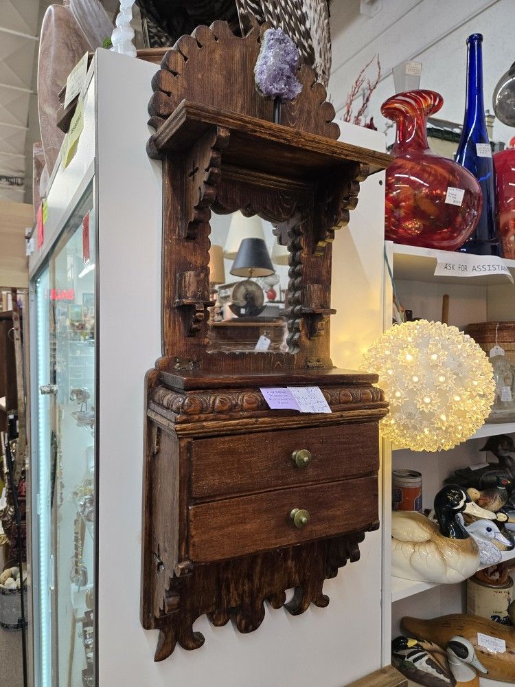 Antique Wall Shelf, Two Drawers And A Third Near Tag