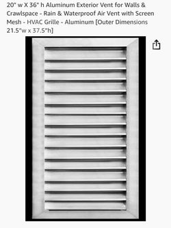 20" w X 36" h Aluminum Exterior Vent for Walls & Crawlspace - Rain & Waterproof Air Vent with Screen Mesh - HVAC Grille - Aluminum [Outer Dimensions 2