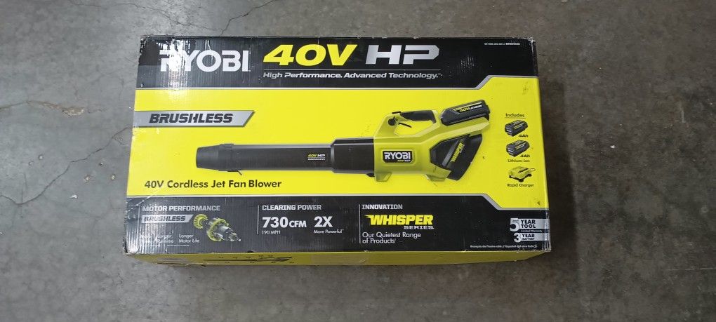 NEW RYOBI RY404100 40V HP BRUSHLESS WHISPER SERIES 730CFM CORDLESS BATTERY JET FAN LEAF BLOWER KIT
WITH TWO BATTERIES