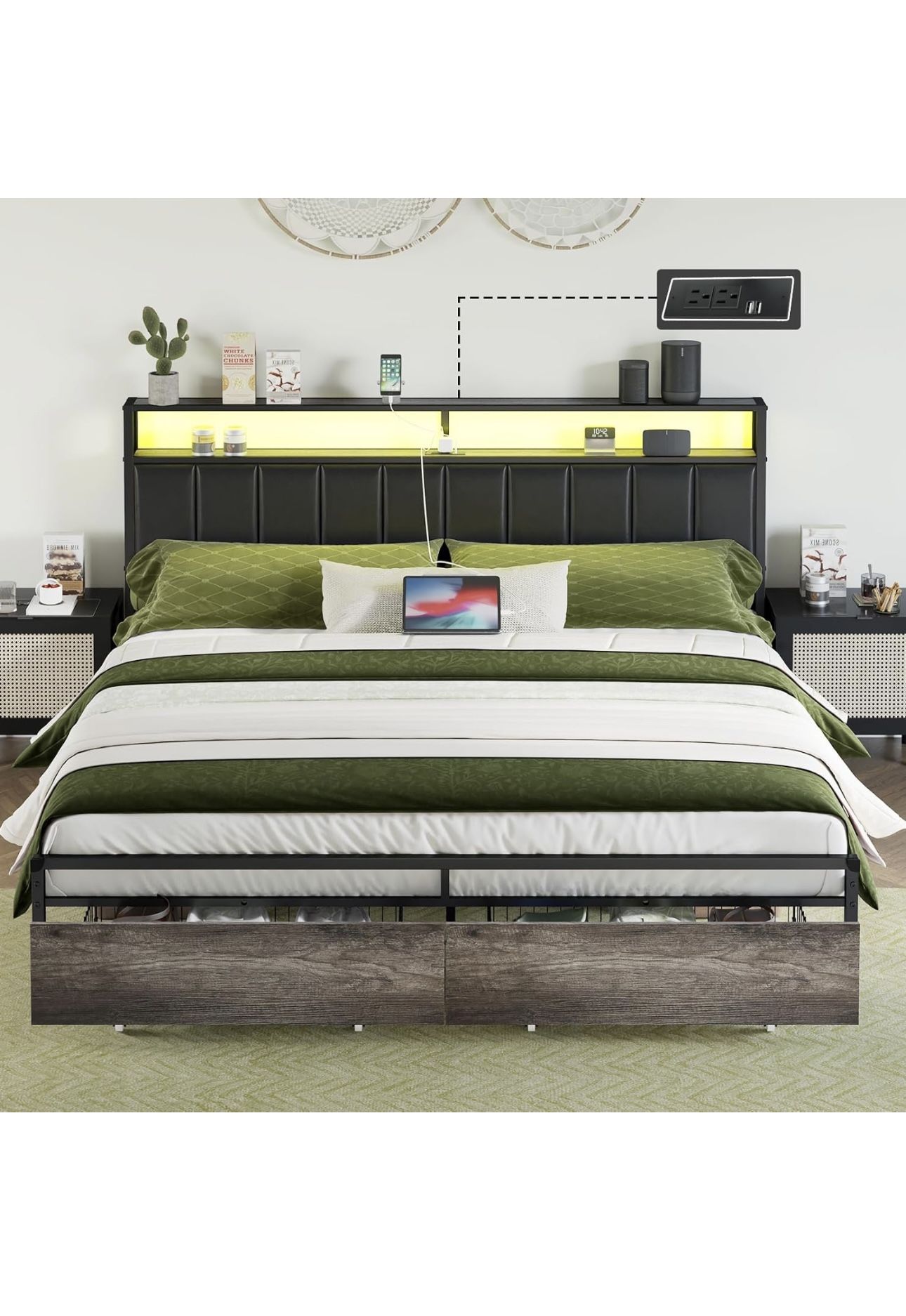 King Bed Frame w/ LED Lights, USB & Storage Drawers – NEW