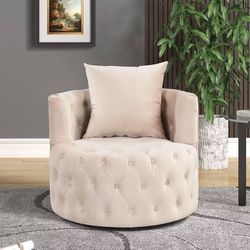Swivel Barrel Accent Chair for Living Room Comfy Velvet Beige 360° Rotation Makeup Chair with Tufted Button Round Back Club Leisure Lounge Chairs