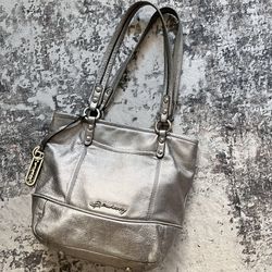 B Makowsky Metallic Leather Shoulder Bag Tote Silver