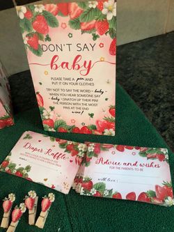 Baby shower game 102 pcs, strawberry themed Don’t Say Baby clothes pin game
