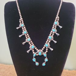 Estate Native American Sterling Silver Turquoise Squash Blossom Necklace 60g