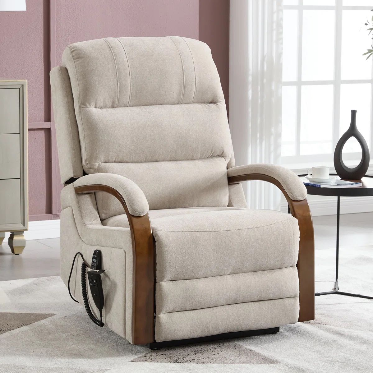 New Dual Motor Power Lift Chenille 180° Recliner With Wooden Armrests, Heated Massage, Side Pockets