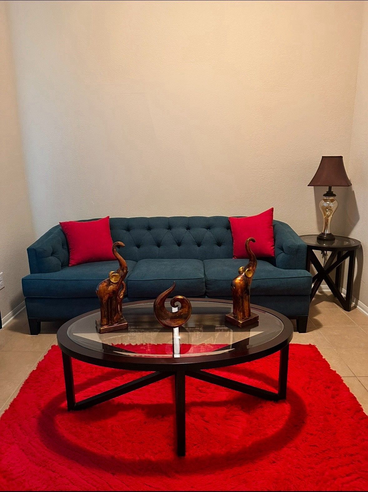 Teal Sofa With 2 Cushions, Coffee Table , Side table And Lamp