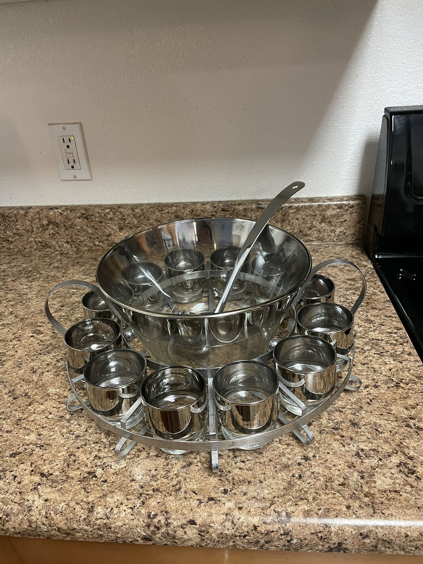 Beautiful Vintage Silver Metal & blue Glass  Punch Bowl Set With Rack 